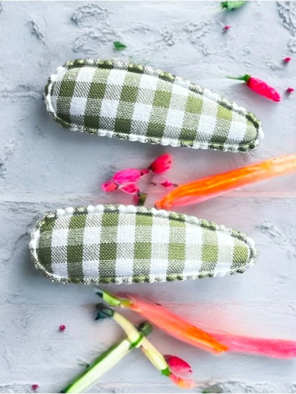 Handmade Green Gingham Fabric Snap Hair Clips Set Cottagecore